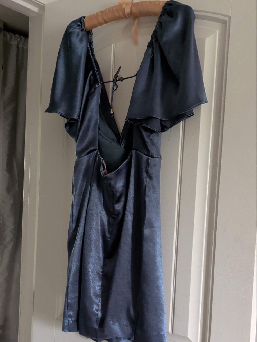 Free People Satin-feel V-Neck Tie-Back Dress in Teal With Flutter Sleeves - Picture 3 of 4